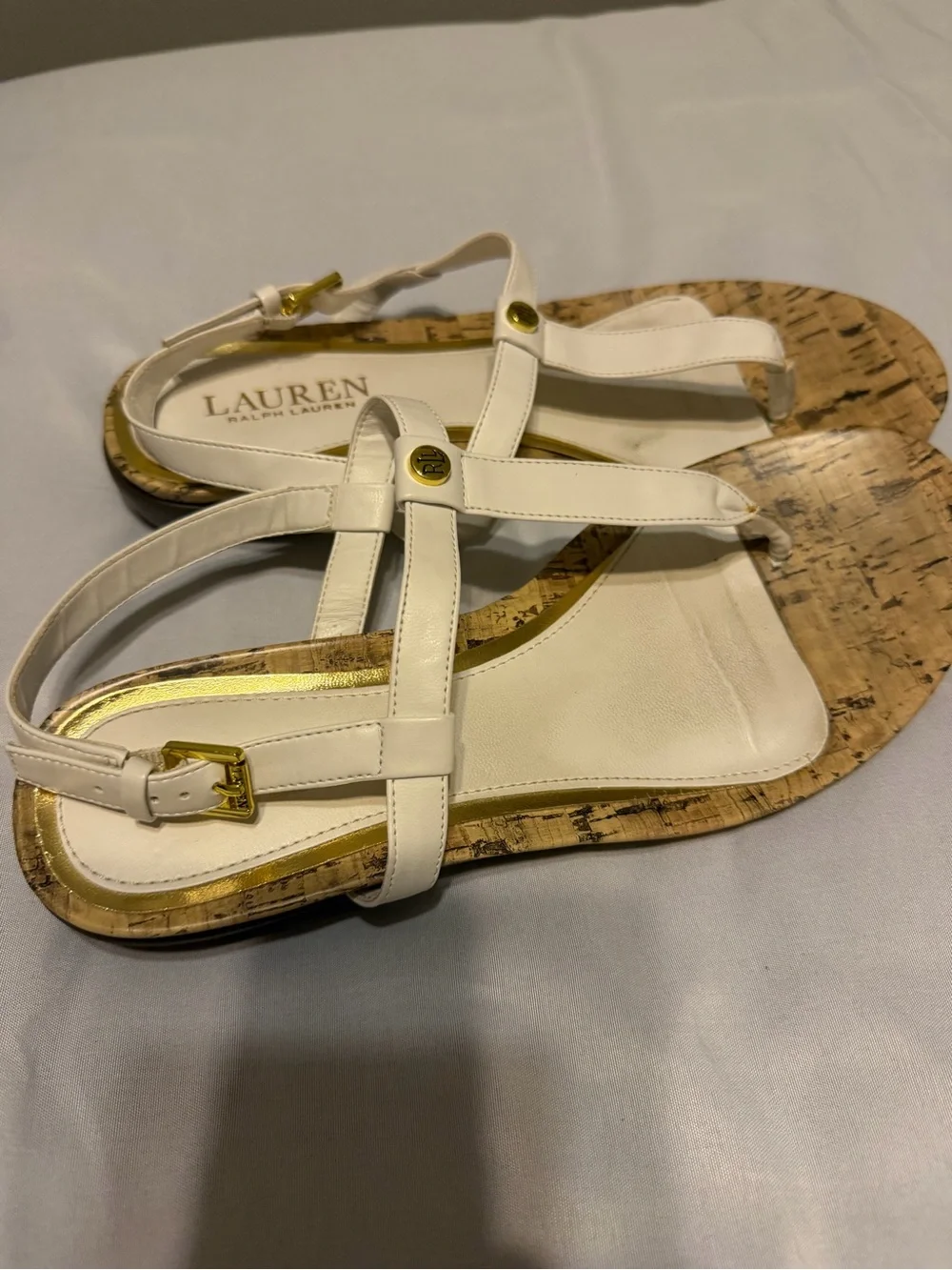 Lauren Ralph Lauren Cream T-Strap Cork-Trim Sandals with Gold Accent size 7